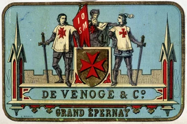 Étiquette publicitaire de "Venoge - Grand Epernay" (chevaliers de Malte). n.d. 19ème siècle
