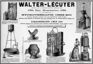 Publicité de 1889 pour des installations mobiles pour bains, douches, vapeur sèche ou humide, bidet, marque Walter-Lecuyer