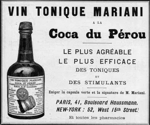Publicité de 1889 pour le "Vin tonique Mariani à la coca du Pérou" (Cocaïne)