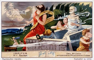 Esculape meurt, foudroyé par Jupiter, pour avoir ressuscité les morts - Chromolithographie Oxo, produite par Liebig