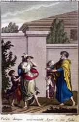 Agar et Ismaël chassés par Abraham : Agar, qui a été renvoyée, est partie avec son fils, Ismaël, après la naissance d