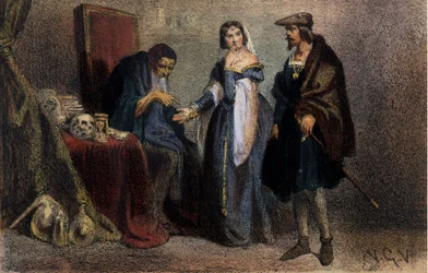 Agnès Sorel (1422-1450) (Dame de Beauté-sur-Marne), connue sous le nom de « La Belle Agnès », favorite de Charles VII consultant un astrologue. Gravure du XIXe siècle. Bibliothèque de Brera. Milan.