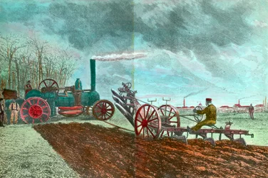 Travail agricole et progrès : labourage à vapeur. Gravure du XIXe siècle Collection privée