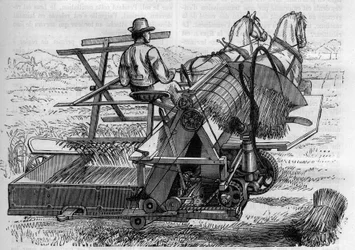 Agriculture et machines agricoles : une nouvelle moissonneuse tirée par des chevaux qui lie automatiquement les gerbes de blé dans les champs. Gravure dans "La Nature"