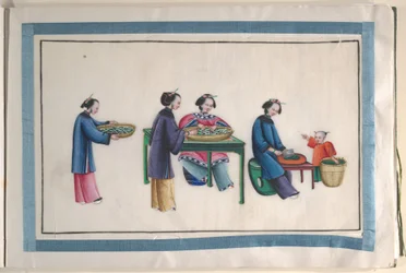 Album contenant douze peintures de personnes fabriquant de la soie