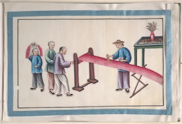 Album contenant douze peintures de personnes fabriquant de la soie