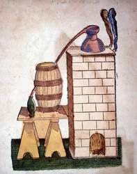 Alchimie : appareil de distillation. Gravure d