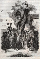 Alcina et sa cour viennent saluer Ruggiero - gravure de 1851 tirée du poème « Orlando furioso » (1516) de Ludovico Ariosto - Édition traduite de l