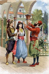 Ali Baba. (Ali-Baba) (Contes des Mille et Une Nuits) : pour récompenser Morgiane, Ali Baba la donne en mariage à son fils. Chromolithographie du XIXe siècle