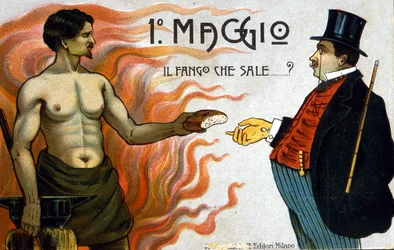Allégorie des luttes de classes : 1er mai : la boue monte, un ouvrier offre du pain à un bourgeois. 1898