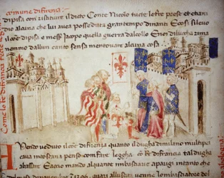 Alliance du roi de France Charles VI avec la commune de Florence en 1396 - dans les «Croniche del Sercambi», vers 1400. Archives nationales, Lucques.