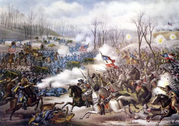 Guerre civile américaine (1861-1865) : bataille de Pea Ridge ou Elkhorn Tavern (Arkansas) du 6 au 8 mars 1862. Gravure du XIXe siècle.