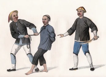 Un accusé est emmené en prison, attaché par une chaîne autour du cou. Gravure, dans Les Châtiments des Chinois, Londres