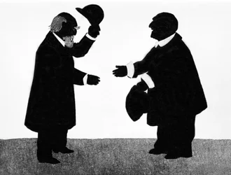 Une rencontre imaginée entre Eduard Hanslick (1825 - 1904), musicologue autrichien et le compositeur Anton Bruckner (1824 - 1896). Ombre chinoise