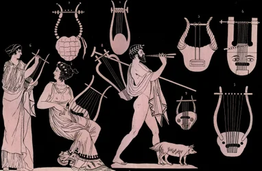 Instrument de musique de la Grèce antique : lyre et cithare (cithare) (kithara) - gravure tirée de « Usi e Costumi di Tutti i Popoli dell