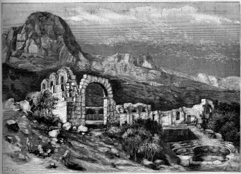 Architecture ancienne : ruines du temple romain de Zaghouan (Tunisie). Gravure par Riugel dans "Le Monde Illustré" n°1308 du 22 avril 1882.