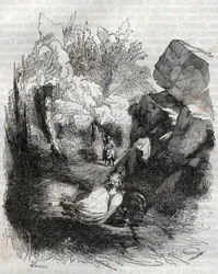 Angélique fuyant le vieil ermite - gravure de 1851 de "Roland furieux" (Orlando furioso) (16ème siècle) par Ludovico Ariosto, dit l
