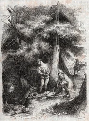 Angélique sauve Médor - gravure de 1851 de « Roland furieux » (Orlando furioso) (16e siècle) par Ludovico Ariosto, traduit de l