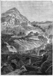 Pèlerinage annuel du 21 mars au couvent de Saint-Benoît sur le Mont Cavo (Colli Albani) près de Rome - Gravure de 1868