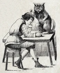 Illustration anonyme pour "Le chat botté", conte de Charles Perrault (1628-1703), écrivain français. Imagerie Marcel Vagne, Jarville Nancy, sans date (fin XIXe siècle).