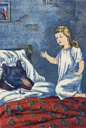 Illustration anonyme pour « Le Petit Chaperon rouge », conte de Charles Perrault (1628-1703), écrivain français. Imagerie Marcel Vagne, Jarville Nancy, fin du XIXe siècle.