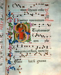 Antiphonaire en note 5, livre contenant les chants à chanter par le chœur pendant la messe (parchemin)