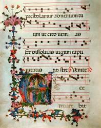 Antiphonaire en note 5, livre contenant les chants à chanter par le chœur pendant la messe (parchemin)