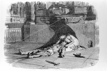 Antoine ou Marc Antoine (83 av. J.-C. - 30 av. J.-C.) mourant dans les bras de Cléopâtre après être mort en croyant au suicide de Cléopâtre. Gravure du XIXe siècle.