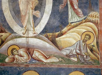 Apôtres Jean et Jacques. Détail. Fresque de la Transfiguration. 1164 Nerezi, Église de Saint-Clément, Macédoine