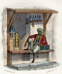 Marchand arabe devant sa boutique, Alger