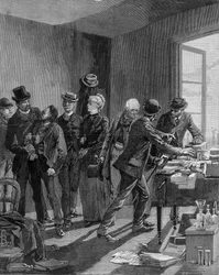 Arrestation à Paris des nihilistes Reinchtein et sa femme. Gravure vers la fin du XIXe siècle (1890 ?).