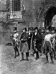 Arrestation des carbonari (membres de la Charbonnerie ou Carboneria) de la Vénétie Lombardie. Illustration de Matania. Gravure du 19ème siècle