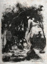 Arrivée de Rodomont et Mandricard à la fontaine de Merlin - gravure de 1851 de « Roland furieux » (Orlando furioso) (16e siècle) par Ludovico Ariosto, traduit de l