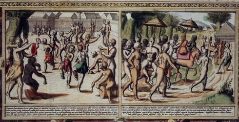 Danse des indigènes (détail de la carte de la Guinée par Luis Texeira, gravure du 17e siècle)