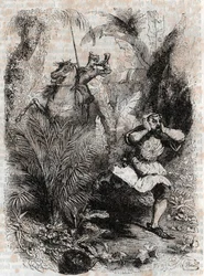 Astolphe fait fuir Caligorant - gravure de 1851 de « Roland furieux » (Orlando furioso) (16e siècle) par Ludovico Ariosto, connu sous le nom d