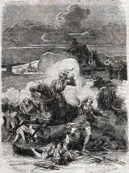 Astolphe met en fuite des femmes meurtrières - gravure de 1851 tirée de « Roland furieux » (Orlando furioso) (XVIe siècle) de Ludovico Ariosto, dit l