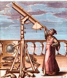 Astronome observant le ciel avec un télescope - de : Johannes Hevelius (1611-1687), Selenographia, sive Lunae descriptio (Sélénographie, ou Une Description de la Lune)