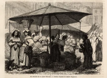 Au pied de la Piazza Navona, Rome (Italie). Gravure pour illustrer le voyage à Rome, par Francis Wey, en 1864-1868, publié dans "Le tour du monde, nouveau journal des voyages", sous la direction d