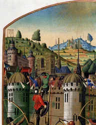 Attaque du château de Philippe Auguste avec vue de Paris et des gibets de Montfaucon pendant la guerre de Cent Ans, milieu du XVe siècle (détail)