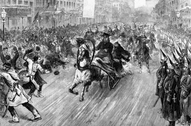 Attentat contre le tsar Alexandre II (1818 - 1881) à Saint-Pétersbourg en 1881. Illustration du 19ème siècle.