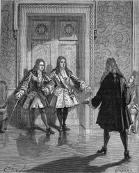 Août 1718 : Saint-Simon bloquant le passage au duc du Maine. Gravure du 19e siècle. Dans « Histoire de France » de Jules Michelet