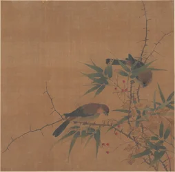 Branche de bambou avec baies et oiseaux