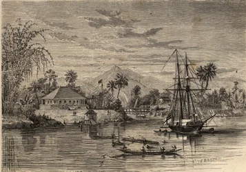 Bangalow, maison de Sir James Brooke, connu sous le nom de Rajah de Sarawak (1803-1868) aventurier britannique premier rajah blanc de Sarawak dans les environs de Sarawak (Bornéo). Gravure dans « Le Monde illustré » de 1857. Collection privée.