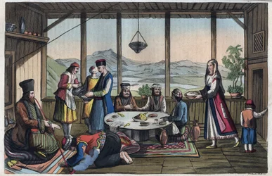 Scène de banquet en Grèce au XIXe siècle - gravure tirée de « Usi e Costumi di Tutti i Popoli dell
