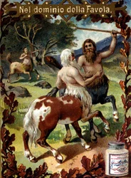 Bataille entre centaures. Vignette publicitaire. Chromolithographie de la fin du 19ème siècle.