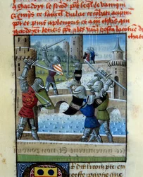 Bataille des chevaliers Palamède et Artus. Miniature dans le « Roman du Graal »