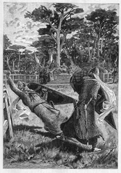 Bataille des chevaliers Pinabel et Thierry au Moyen Âge en France. Illustration du roman "La chevalerie" par Léon Gautier (1832-1897). Gravure dans "Le Monde Illustré"