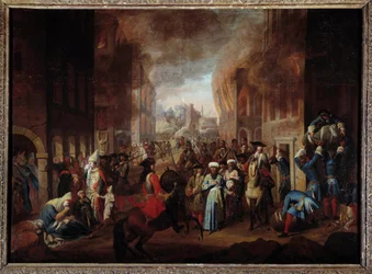 Bataille de Vienne : La reddition des Turcs au siège de Vienne en septembre 1683. Victoire des troupes de la coalition chrétienne dirigée par Jean III Sobieski, Léopold Ier et Charles de Lorraine. Peinture anonyme du 17ème siècle. Nancy, musée historique