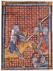 Bataille de chevaliers. Manuscrit français. Début du 14ème siècle.