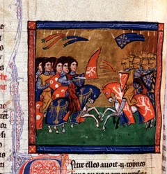 Bataille de guerriers à cheval contre les Amazones, miniature du manuscrit « Histoire ancienne jusqu